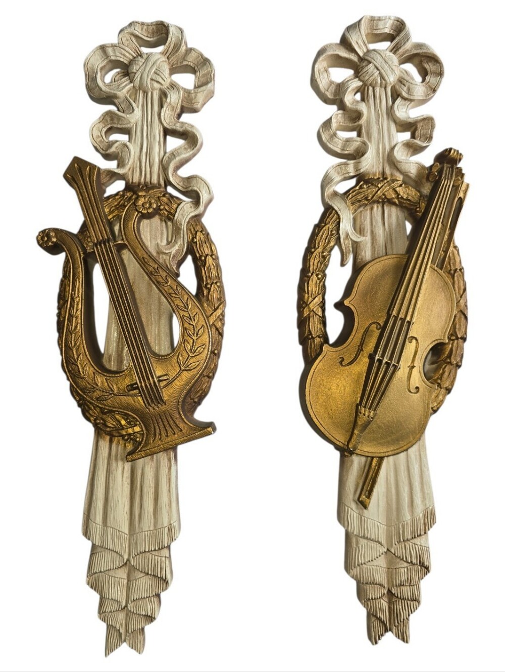 Vintage Burwood Products Company Ornate Gold and Ivory Musical Wall Plaque Pair